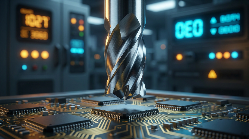 AA Enterprises precision milling bit positioned above a dual-interface smart card module, chip contacts visible, machine instrumentation in the background.